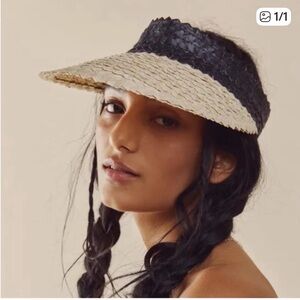Free People Black and Tan Woven Straw Sun Visor Hat OS Vacation Resortwear Beach